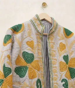 <b>Women</b> Ivory <b>Velvet</b> Floral Embroidered Suzani Jacket Full Sleeve Stand Collar Handmade Bohemian Style Autumn <b>Women's</b> <b>Coat</b> - Product Image 4