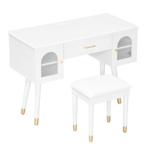 Modern Elegant White <b>Vanity</b> Makeup Table and Chair Set Modern Dressing Table with Organizer Writing <b>Desk</b> Charging Port - Product Image 5