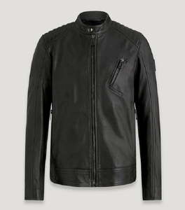 Veste moto en cuir véritable noir pour homme, col montant, fermeture éclair, coupe ajustée, longueur standard, pour l'automne - Product Image 1