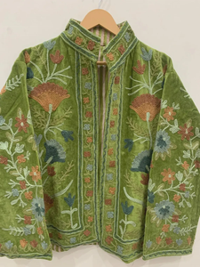 เสื้อกั๊กปักลายซูซานีสีเขียวทำมือ ฟรีไซส์ ผ้ากำมะหยี่ บุผ้าฝ้ายลายทาง สไตล์โบฮีเมียน ลายดอกไม้สำหรับฤดูหนาว กันลม - Product Image 5