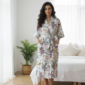 Bata Kimono de Algodón con Estampado Animal Blanco, Larga, Ligera, con Bolsillo Frontal, para Verano y Spa - Product Image 3