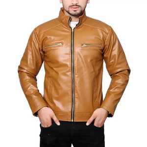 <b>LONG</b> MISSION INDUSTRY Men's Brown <b>Leather</b> Heated Mandarin Collar Zipper Closure Regular Fit Winter Moto Biker Style <b>Jacket</b> - Product Image 2