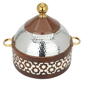 Handmade Luxury Design Metal Hotpot Casserole Modern Stylish Tabletop Kitchen Serving <b>Pot</b> with Golden Wooden Stand - Product Image 2