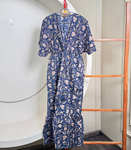 Maxi vestido de algodón con estampado de mezcla Floral 2025 para mujer, vestido largo étnico de manga acampanada con cordón en la cintura, traje de playa de verano - Product Image 4