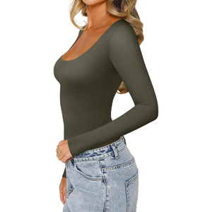 Combinaison moulante unie à manches longues et col rond pour femme, vert olive, collection 2026 Harry Johnson Production, OEM ODM - Product Image 1