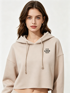 Sudadera Corta con Capucha para Mujer, Color Beige, de Felpa, Hombros Caídos, Manga Larga, Transpirable, con Logotipo Frontal - Product Image 2