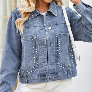 Chaqueta Corta de Mezclilla para Mujer, Estilo Blusón, con Remaches Decorativos, Cuello Camisero, Mangas Largas, Tela No Elástica, Acabado Lavado, para Invierno - Product Image 4
