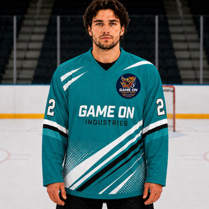 Maillot de hockey sur glace pour homme Game On Industries, col en V, manches longues, polyester sublimé, anti-transpiration, blanc et bleu rayé - Product Image 6