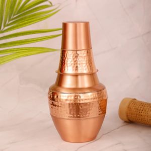 Wholesale Metal 100% Pure <b>Copper</b> Water <b>Bottle</b> 1000ml Bedside Carafe Bedroom Jar with Lid and Inbuilt <b>Copper</b> Glass Vessel - Product Image 1