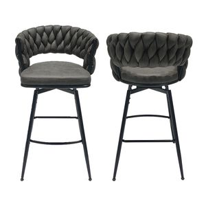 Technical Woven <b>Leather</b> Bar Stool Set 2pcs 360 Swivel Counter Stools <b>Arm</b> <b>Chairs</b> Footrest Tan Color <b>Black</b> Legs No Adjustable - Product Image 5