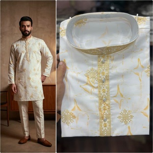 <b>Men</b> Cream Embroidered <b>Kurta</b> Pajama Set Regular Fit Traditional Indian Pakistani Knee-Length Cotton Wedding Wear - Product Image 4