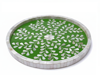 Plateau de service rond en nacre style arabe – Mosaïque florale verte et blanche faite à la main, plateau de luxe en nacre pour décoration ottomane