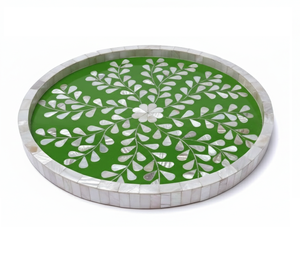 Arabic Style Mother of Pearl Inlay Tray – Handmade Green & White Floral Mosaic Round Serving Tray Luxury <b>MOP</b> Ottoman Decor Tray - Product Image 1