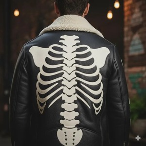 Blouson de motard en cuir et peau de mouton - Motif squelette osseux - Product Image 2
