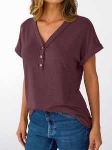 T-shirts à manches courtes et col en V pour femmes, hauts décontractés et élégants pour l'été, style Henley, coupe ample, basique, tenue de printemps 2026 - Product Image 3