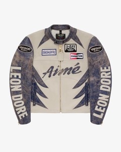 Aimé Leon Dore Vanson sressed แจ็กเก็ตหนัง Moto, แจ็กเก็ตหนังแฟชั่นหนังแชมป์สีขาวและน้ำตาล - Product Image 1