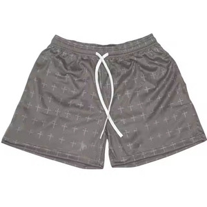 Shorts décontractés pour hommes gris à imprimé géométrique, séchage rapide, avec cordon de serrage, en tissu satiné, taille mi-haute - Product Image 6