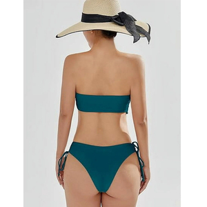 Ensemble de bikini bandeau de couleur unie pour femmes, avec logo sur le devant, maillot de bain deux pièces à taille haute à séchage rapide pour la plage - Product Image 4