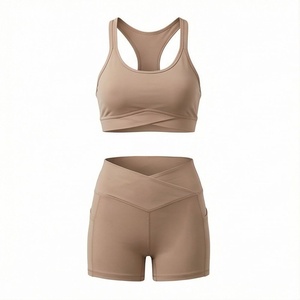 Custom Wholesale High Demand Womens Y Back Sports Bra <b>Cross</b> Waist Gym Shorts Set Yoga Fitness Outfit Activewear Gear - Product Image 1