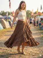 Jupe portefeuille marron pour femme, superposée, en tissu filet de coton khadi, style évasé bohème, taille unique.