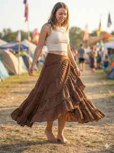 Falda cruzada marrón para mujer, falda de tela de algodón khadi en capas, falda acampanada estilo bohemio, talla única. - Product Image 3