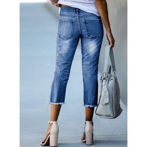 2025 2025, pantalones vaqueros Capri de moda para mujer, pierna recta de cintura alta con dobladillo crudo, azul cielo, talla 12 - Product Image 2