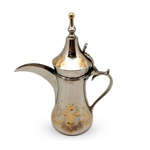 Cafetière arabe en acier inoxydable argenté, Dallah gravée or, bouilloire à thé du Moyen-Orient avec couvercle, design moderne manuel pour boissons - Product Image 1