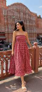 Wholesale Women's Red Floral Hand Drawn Print Strapless Sundress Smocked Tube Casual Summer Midi <b>Dress</b> 100% Cotton Anti-Wrinkle - Product Image 3