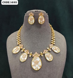 Luxury Gold Finish Mother of Pearl <b>Statement</b> <b>Necklace</b> Set with Multicolor Gemstone Accents Designer Wedding Party Bridal Fashion - Product Image 4