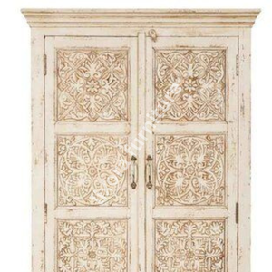 Luxury Handcrafted Solid Wood 2 Door <b>Wardrobe</b> Ornate Mandala Carving Distressed Cream White Armoire - Product Image 2