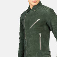 Blouson Bomber Homme Premium en Daim Vert Coupe-Vent Col Montant Fermeture Éclair Coupe Ajustée pour l'Automne Service OEM Logo Frontal