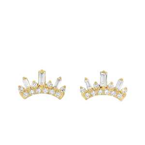 Pendientes de Oro Sólido de 14K con Mini Tiara y Diamantes Cultivados en Laboratorio, Corte Baguette y Redondo, Diseño Minimalista de Corona, Joyería Fina, Precio de Fábrica B2B - Product Image 1