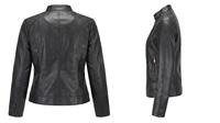 Jaket Bomber Kulit Hitam Wanita Kerah Bulat Panel Bahu Berlapis Ritsleting Depan Saku Resleting Katun Cepat Kering Bernapas