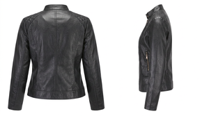 Women's Black <b>Leather</b> Bomber <b>Jacket</b> Crew Neck Quilted Shoulder Panels Front Zipper Zip Pockets Cotton Quick Dry Breathable - Product Image 2