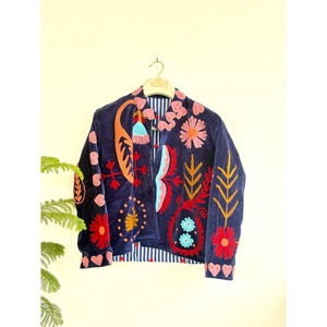 SHYAM EXPORT Knitted Hand Embroidered Velvet Cotton <b>Short</b> Varsity Pullover <b>Jacket</b> Floral Pattern Mandarin Collar Full <b>Sleeve</b> - Product Image 1