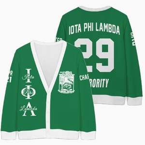 Cardigan tricoté personnalisé pour femmes Iota Phi Lambda, vert émeraude uni, avec lettres, blason, numéro et année, boutonné sur le devant - Product Image 3