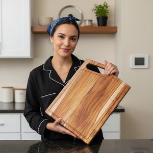 Planche à découper carrée en bambou sculptée à la main, nouvelle arrivée, avec rainure pour les jus et poignées, épaisseur 2,0 cm, compatible lave-vaisselle - Product Image 2