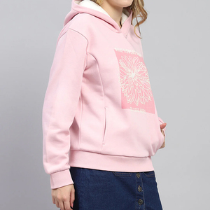 <b>Women's</b> Pink Hooded Sweatshirt Solid <b>Pattern</b> Full Sleeve Casual Knitted Eco-Friendly Breathable Polyester/Cotton Pullover - Product Image 3