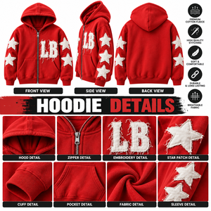Mens <b>Red</b> Zip Up <b>Hoodie</b> Vintage Applique Fashion <b>Hoodie</b> Distressed Letter Design Star Patch Decoration Casual <b>Zipper</b> <b>hoodie</b> - Product Image 6