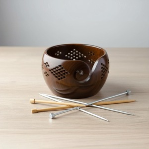 Wooden Yarn <b>Bowl</b> Rustic Carved Floral <b>Bowl</b> Design Design Durable Hand <b>Knitting</b> Crochet Holder with Cutout Feature - Product Image 2