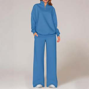 Wholesale OEM Made Women's 2 Piece Outfits Long Sleeve Oversized Half <b>Zip</b> Sweatshirt Wide Leg Jogger Pants Terry Fabric - Product Image 1