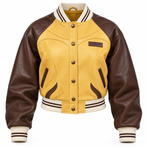 Custom Unisex Yellow Brown Real <b>Leather</b> Varsity <b>Jacket</b> Embossed Logo Back Two Tone Letterman Baseball <b>Bomber</b> Coat Outerwear - Product Image 1