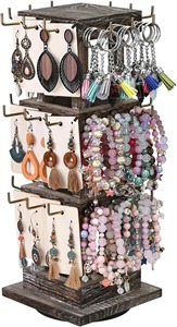 Wood Jewelry Organizer with 3 Tier <b>Rotating</b> Stand for Necklaces and Earrings Display Rack - Product Image 6