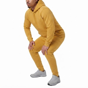 Ensemble de survêtement en molleton jaune moutarde pour homme, sweat-shirt et pantalon décontractés à capuche, couleur unie, 100% coton, séchage rapide, hiver - Product Image 4