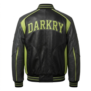 Chaqueta Varsity de Cuero Genuino Negro Oscuro y Verde Lima con Ribete en Contraste Neón, Logotipo Atomic Cosido y Cierre a Presión - Product Image 2