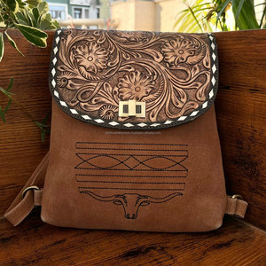 Nueva y elegante bota puntada Tooled Suede cuero mujer Mini mochila occidental hecha a mano 2 en 1 Convertible minimalista ocultar bolso - Product Image 3
