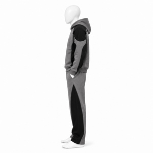 Ensemble de survêtement unisexe gris et noir à blocs de couleur avec sweat à capuche et pantalon long – Style décontracté streetwear - Product Image 3