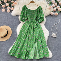Gaun Wanita Grosir untuk Wanita Elegan Kustom Fashion O-neck Romantis Bermotif Bunga Rajutan Printing Belahan Panjang Puff Kasual