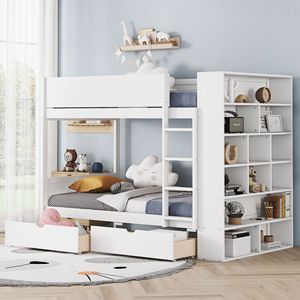 Lit superposé blanc double avec 2 tiroirs et armoire multi-niveaux pour enfants - Product Image 1