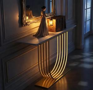 Modern Marble Top <b>Console</b> <b>Table</b> with <b>Gold</b> Metal Sled Base Contemporary Entryway Accent Furniture - Product Image 2